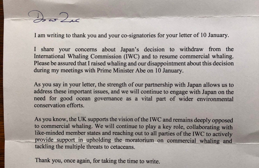 Zac Goldsmith MP Prime Minister PM responds to Whaling